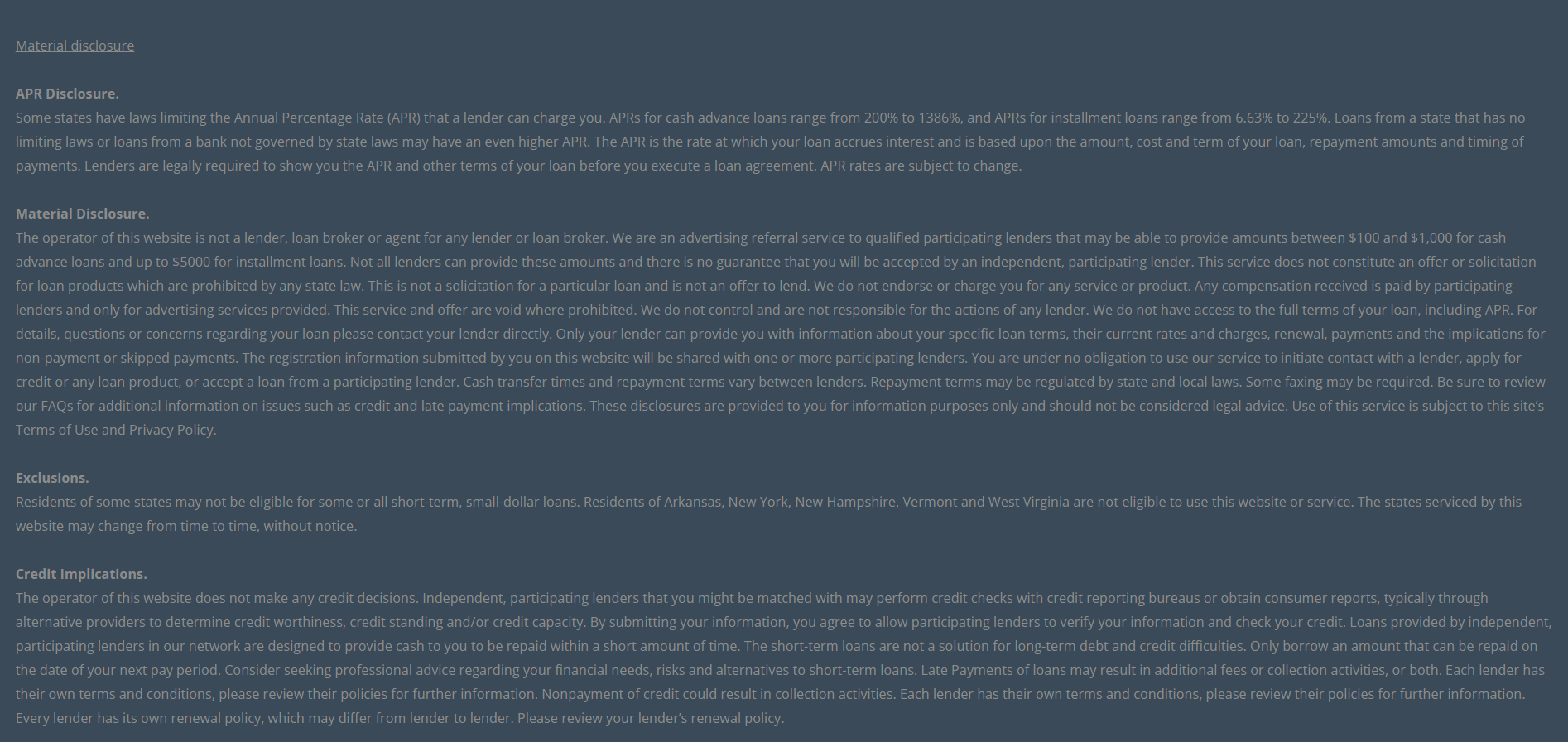 Material disclosure for payday loans in Fort Worth Texas